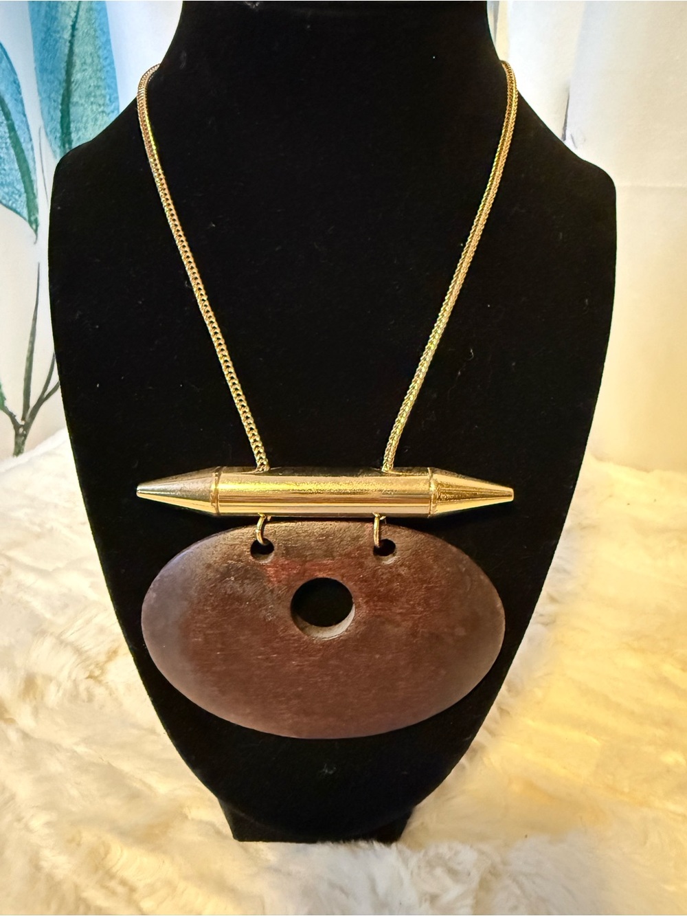 Vintage Modernist Wood Pendant Necklace Gold Tone Oversized Statement